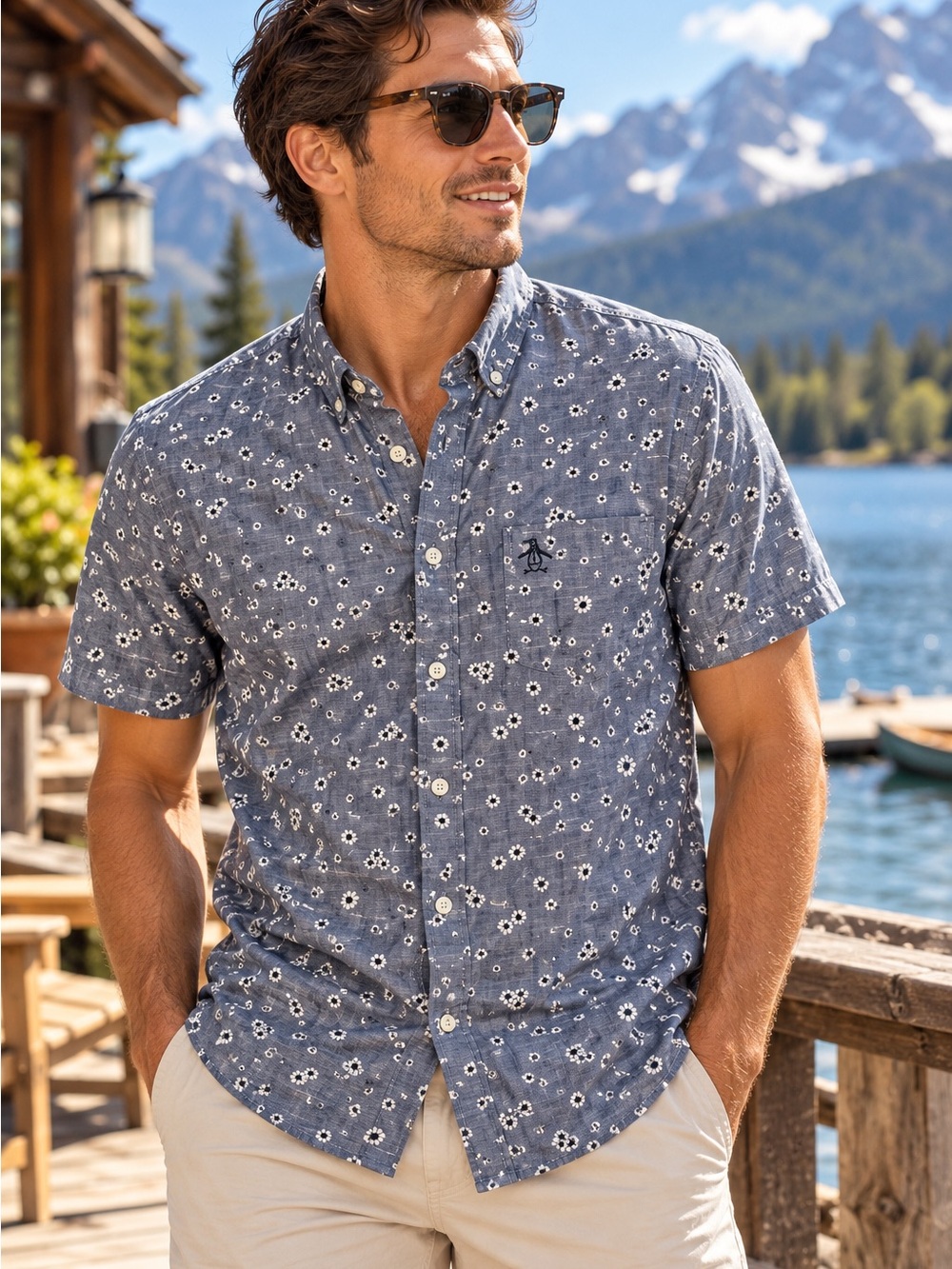 Original Penguin Floral Button Down Shirt Men L Coastal Preppy Resortcore Pocket